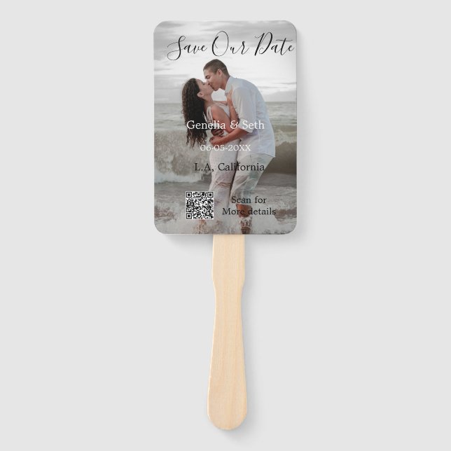 Save the date simple minimal QR scan code details  Hand Fan (Front)