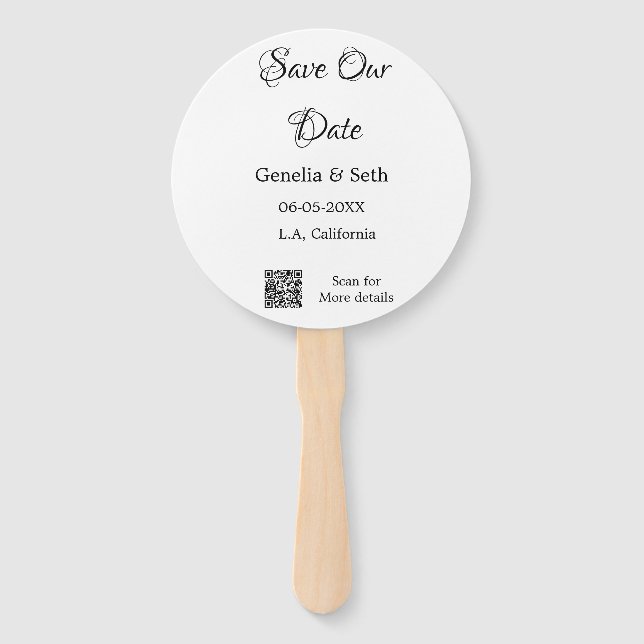 Save the date simple minimal QR scan code details  Hand Fan (Front)