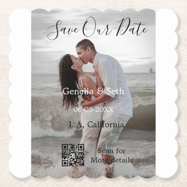 Save the date simple minimal QR scan code details  Paper Coaster (Front)
