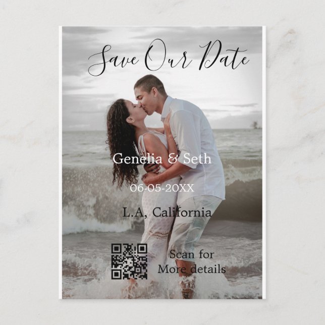 Save the date simple minimal QR scan code details  Postcard (Front)