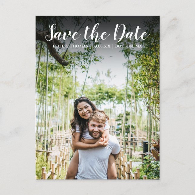 Save the Date Simple Modern Script Photo Postcard (Front)