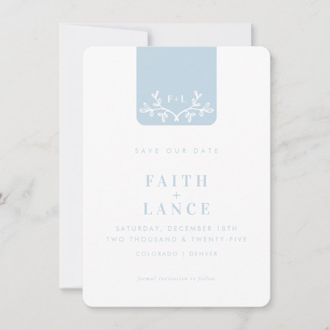 SAVE THE DATE spring garden twig logo pale blue Invitation (Front)