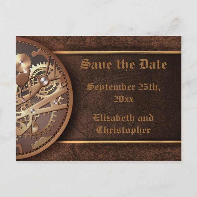 Save the date steampunk gears gold brown announcement postcard (Front)