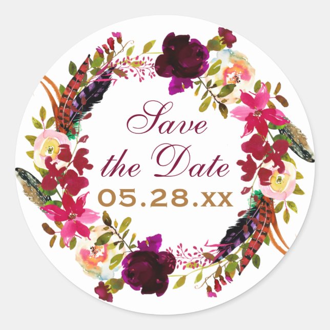 Save the Date Sticker - Burgundy Floral, Feathers (Front)