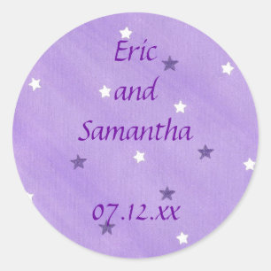 Save the date stickers, purple and white stars classic round sticker