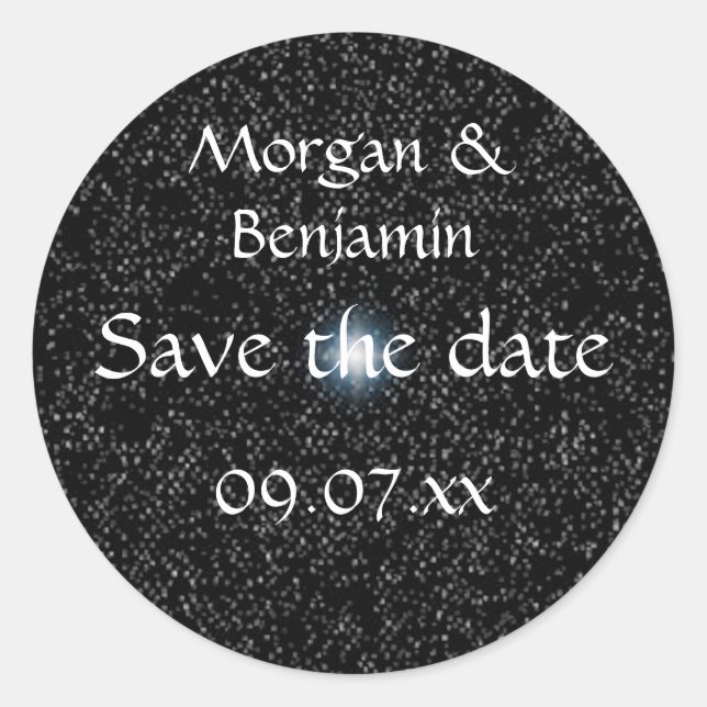 Save the date stickers, Silver Stars on Black Classic Round Sticker (Front)