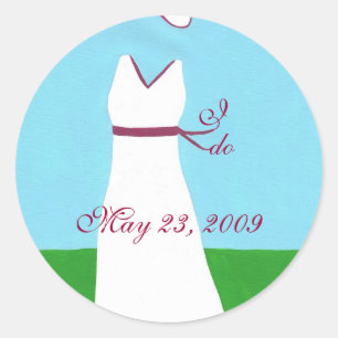 Save the date stickers, wedding dress, red trim classic round sticker