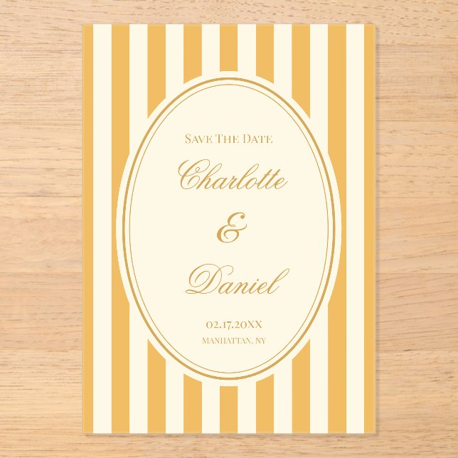 Save the Date Stripes Custom Mustard Yellow Acrylic Invitations (Front)