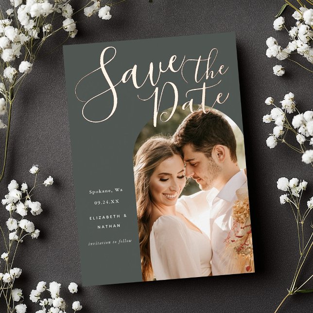 Save the Date Stylish Script Arch Frame Photo  (Creator Uploaded)