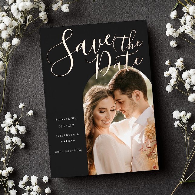 Save the Date Stylish Script Arch Frame Photo  Foi (Creator Uploaded)