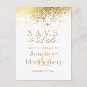 Save the Date Stylish White and Gold Snowflake Announcement Postcard