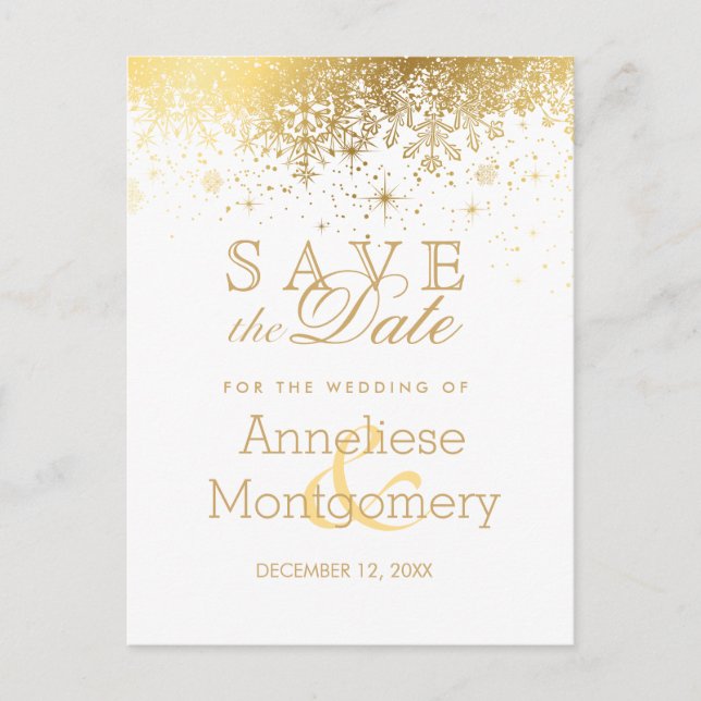 Save the Date Stylish White and Gold Snowflake Announcement Postcard (Front)