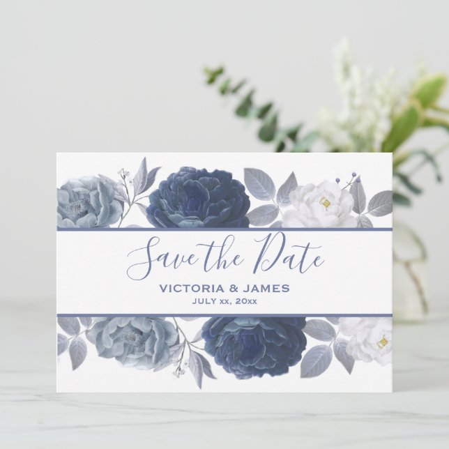Save The Date Summer Blue Grey Floral Wedding (Standing Front)