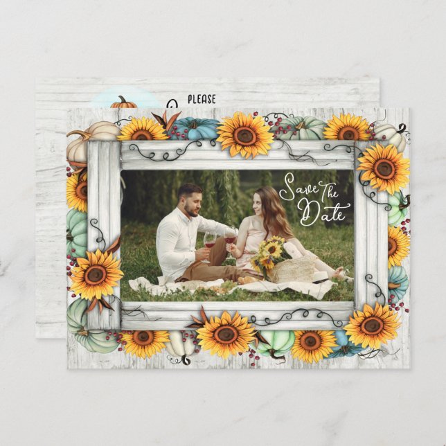 Save The Date Sunflower Pumpkin Fall Farm Postcard (Front/Back)