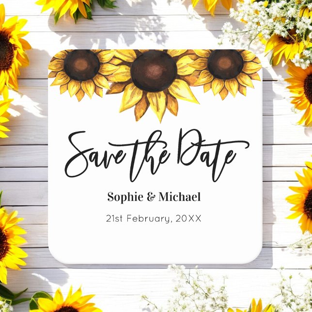 Save the Date Sunflower Wedding  Square Paper Coaster (Creator Uploaded)
