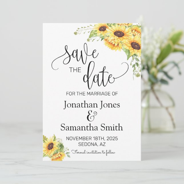 Save the Date Sunflowers Floral Boho Chic Wedding Invitation (Standing Front)