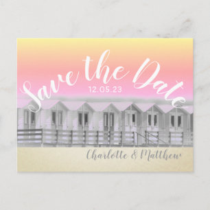 Save the date sunset beach hut seaside postcard