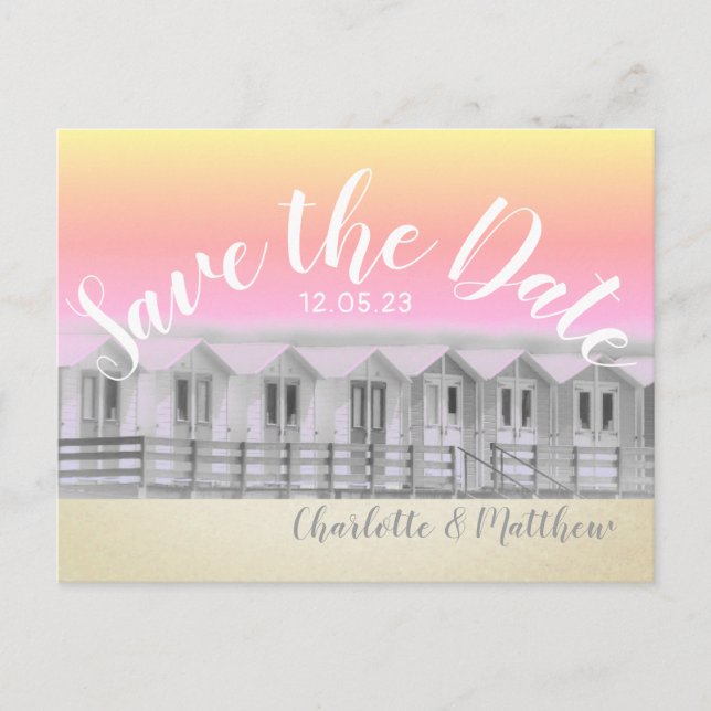 Save the date sunset beach hut seaside postcard (Front)