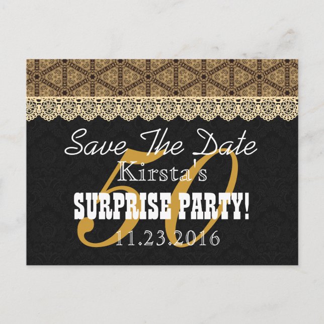 Save the Date SURPRISE 50th Birthday A002 GOLD Announcement Postcard (Front)