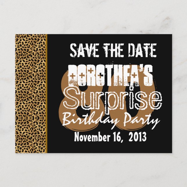 Save the Date Surprise 80th Party LEOPARD V01 Announcement Postcard (Front)