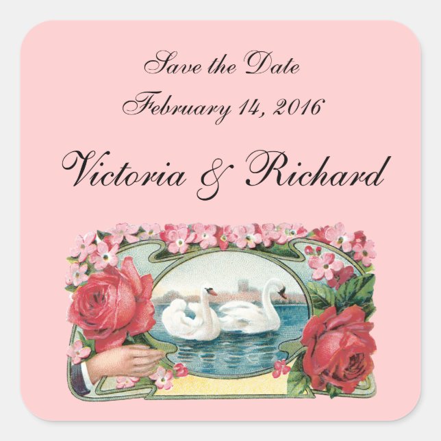 Save the Date Swans and Roses Custom Stickers (Front)