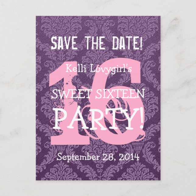 Save the Date Sweet 16 Birthday Party A04 PURPLE Announcement Postcard (Front)