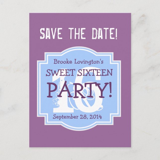 Save the Date Sweet 16 Birthday Party V006 PURPLE Invitation Postcard (Front)
