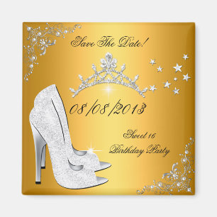 Save The Date Sweet 16 Gold High Heels Shoes Tiara Magnet
