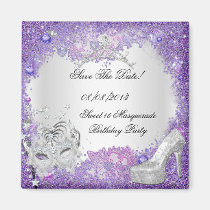 Save The Date Sweet 16 Masquerade Purple White Magnet