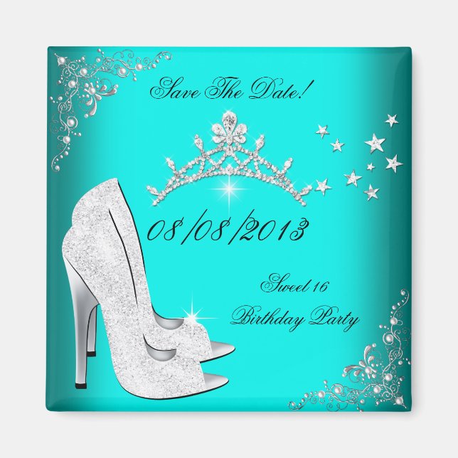 Save The Date Sweet 16 Teal High Heels Shoes Tiara Magnet (Front)