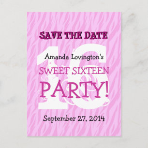 Save the Date Sweet 16 Zebra Birthday Party V04 Announcement Postcard