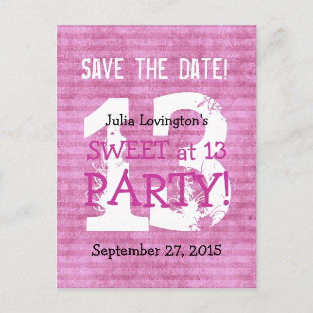 Save the Date Sweet at 13 Birthday Party V03B Announcement Postcard (Front)