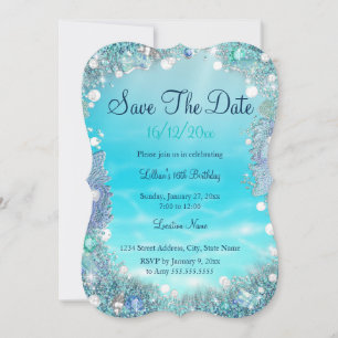 Save The Date Teal Blue Water Ocean Pearls