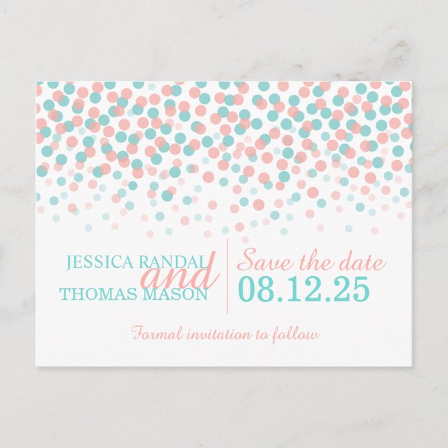 Save the date teal coral confetti wedding card (Front)