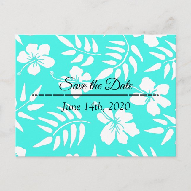 Save the Date Teal Hibiscus Tropical Themed Postcard (Front)