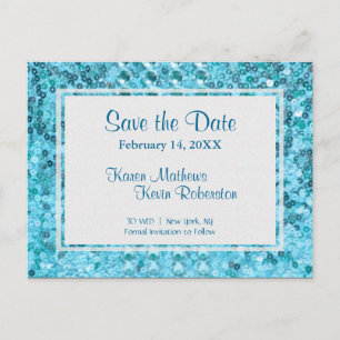 Save the Date   Teal Sequins Announcement Postcard