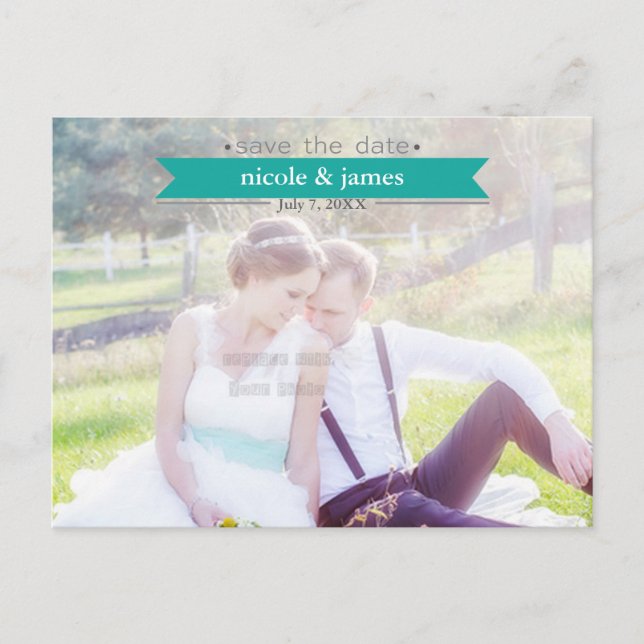 SAVE THE DATE Teal Typography Photo Postcard (Front)