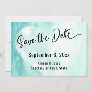 Save the Date Teal White Watercolor Heart Card