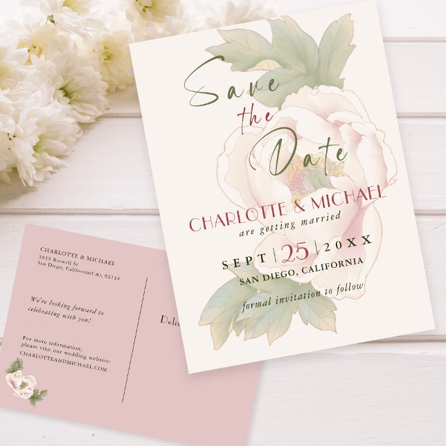 Save the Date Tender Pink Peony Faded Wedding  Postcard (Creator Uploaded)