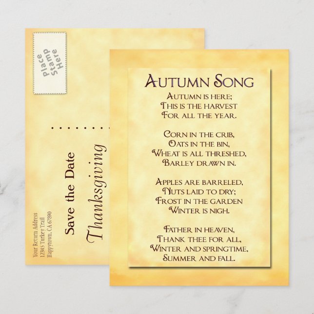 Save the Date Thanksgiving Poem Postcard (Front/Back)