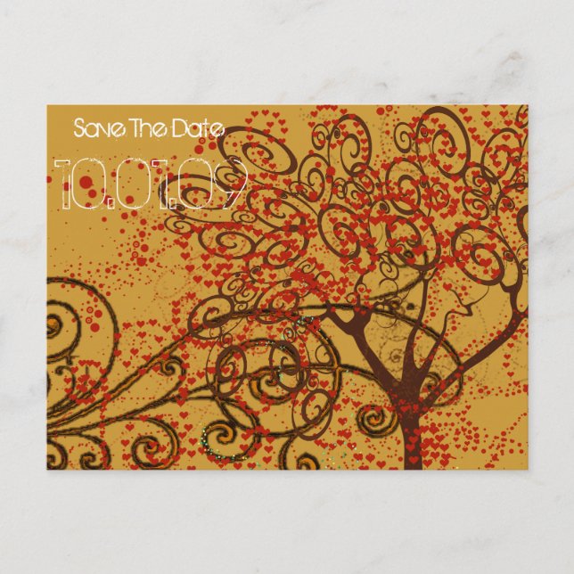 Save the Date- Tree Swirls with Hearts Announcement Postcard (Front)