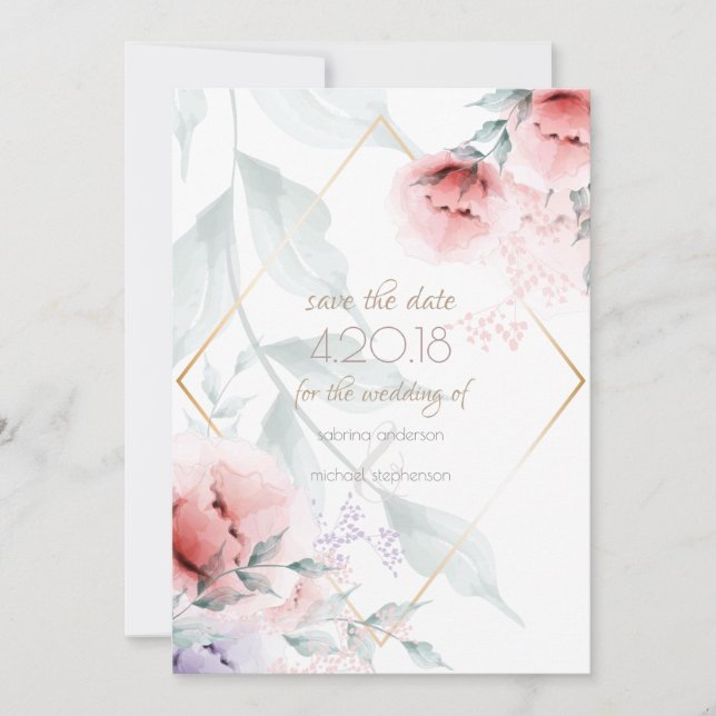Save the Date | Trendy Coral/Lilac Aquarelle Peony (Front)