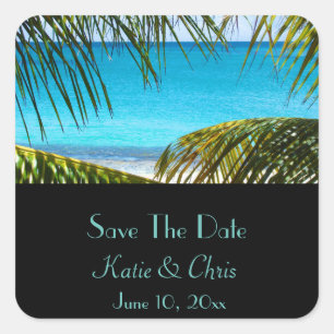 Save The Date Tropical Beach and Palm Fronds Square Sticker