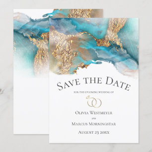 Save the Date Turquoise and Gold Ink Marble Invitation
