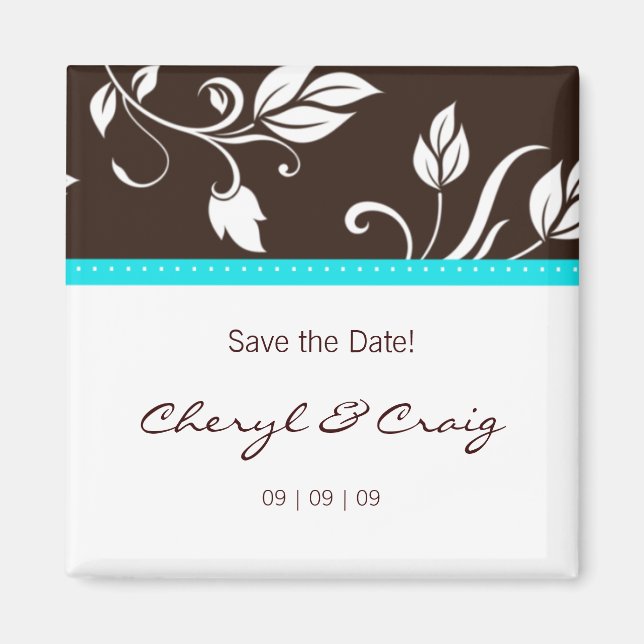 Save the Date Turquoise Brown Trendy Floral Magnet (Front)