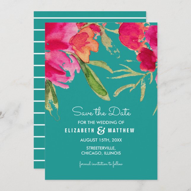 Save the Date. Turquoise Fuchsia Floral Wedding Invitation (Front/Back)