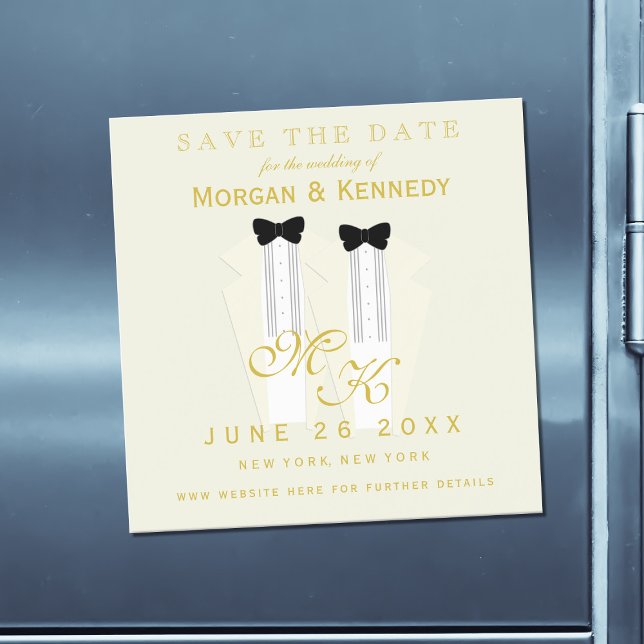 Save the Date Tuxedo Bow Tie Groom Wedding Magnetic Invitation (Add your details to this cream tuxedo themed Save the Card Magnetic Card.)