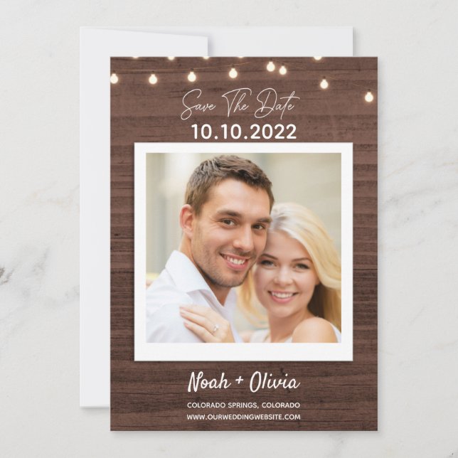 Save The Date Twinkle Lights Rustic Wood Wedding (Front)