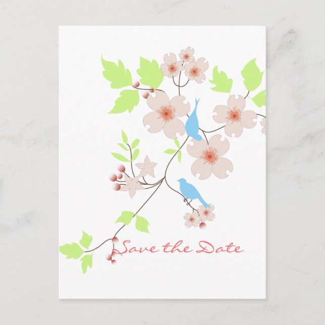 Save the Date two blue birds dogwoods Announcement Postcard (Front)