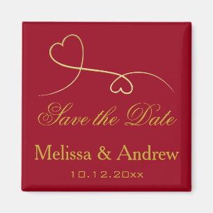 Save the Date Two Elegant Gold Hearts Red Wedding Magnet